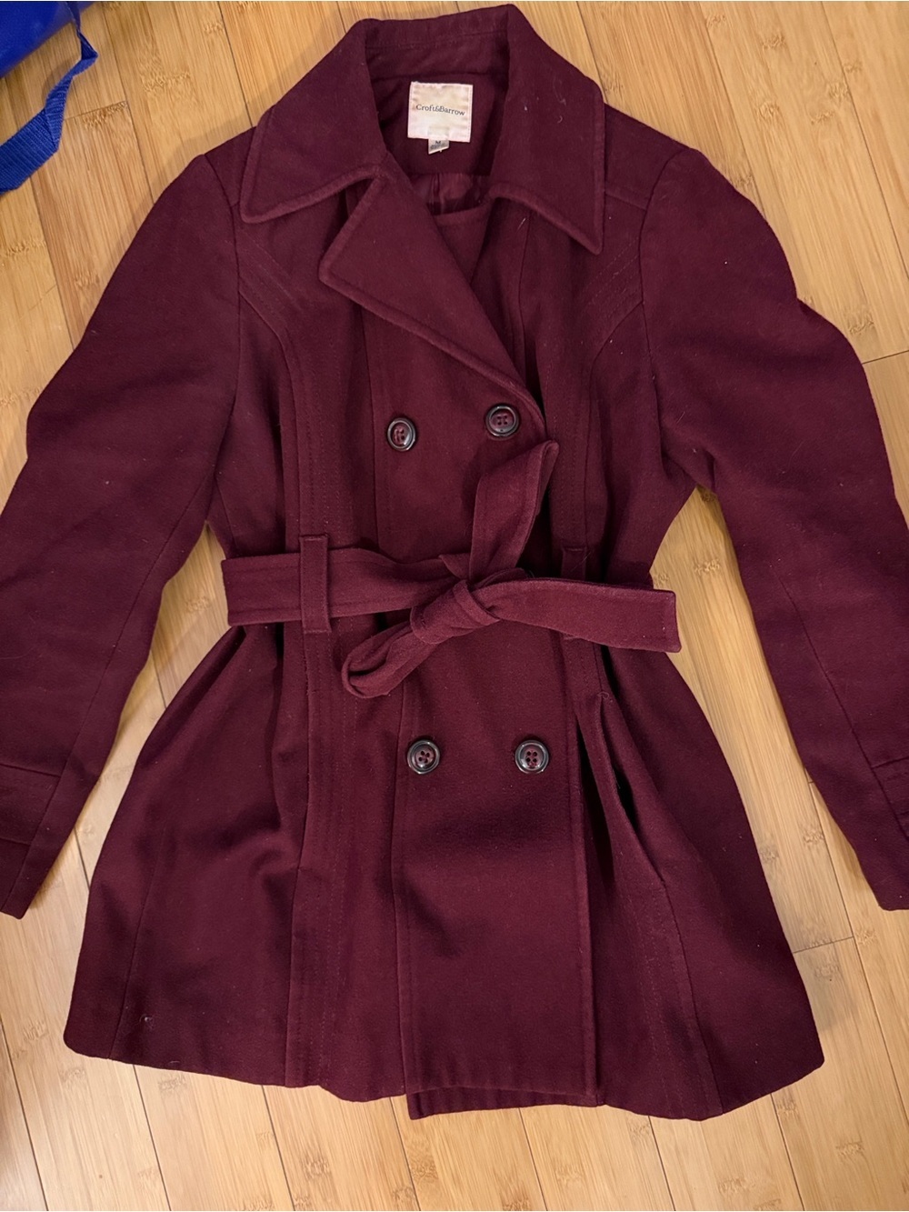 croft & barrow Burgundy Double-Breasted Pea Coat with Tie Belt